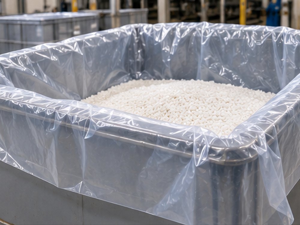 Clear large-format PE liner holding white bulk granules inside a steel pallet bin