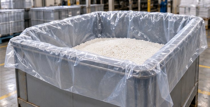 Clear PE liner holding bulk granules inside a steel pallet bin