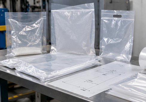 Custom PE bags and a specification drawing on a stainless table