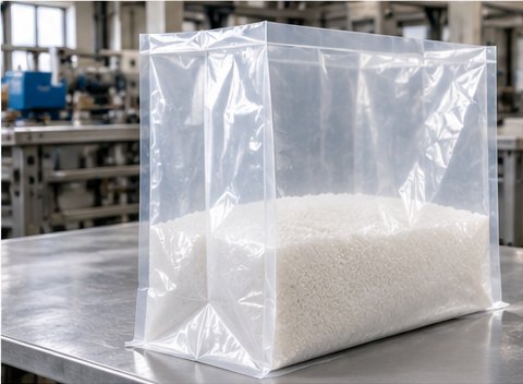 Clear gusseted PE bag filled with granules on a stainless table