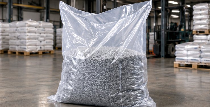 Filled heavy-duty clear PE bag in a warehouse